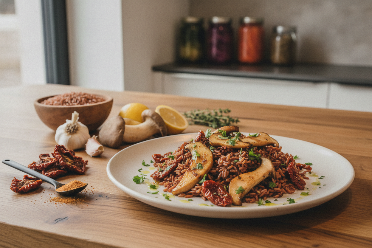 Veganer roter Camargue-Reis mit Pilzen und getrockneten Tomaten