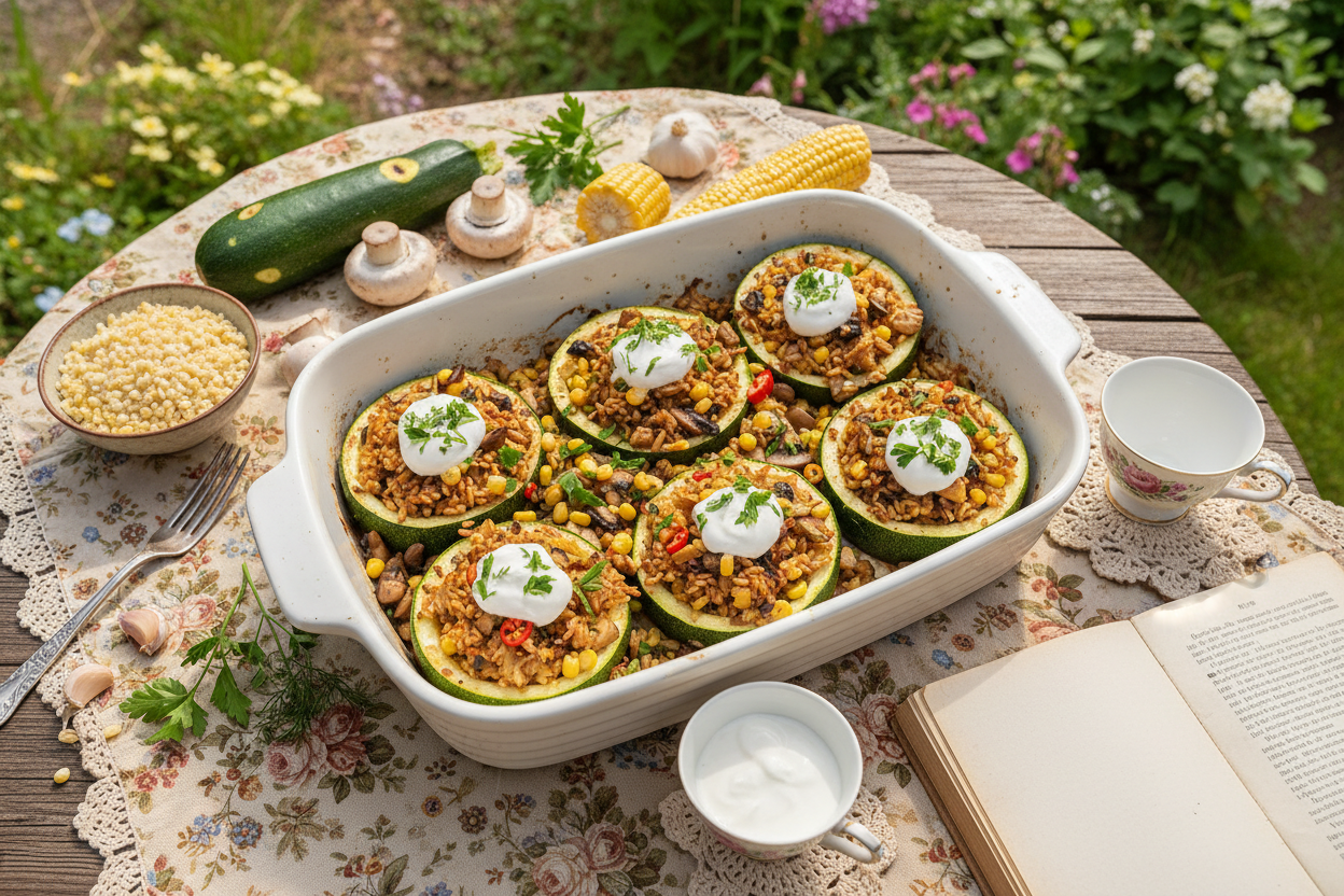 Vegane gefüllte Zucchini mit Hirse & Pilzen