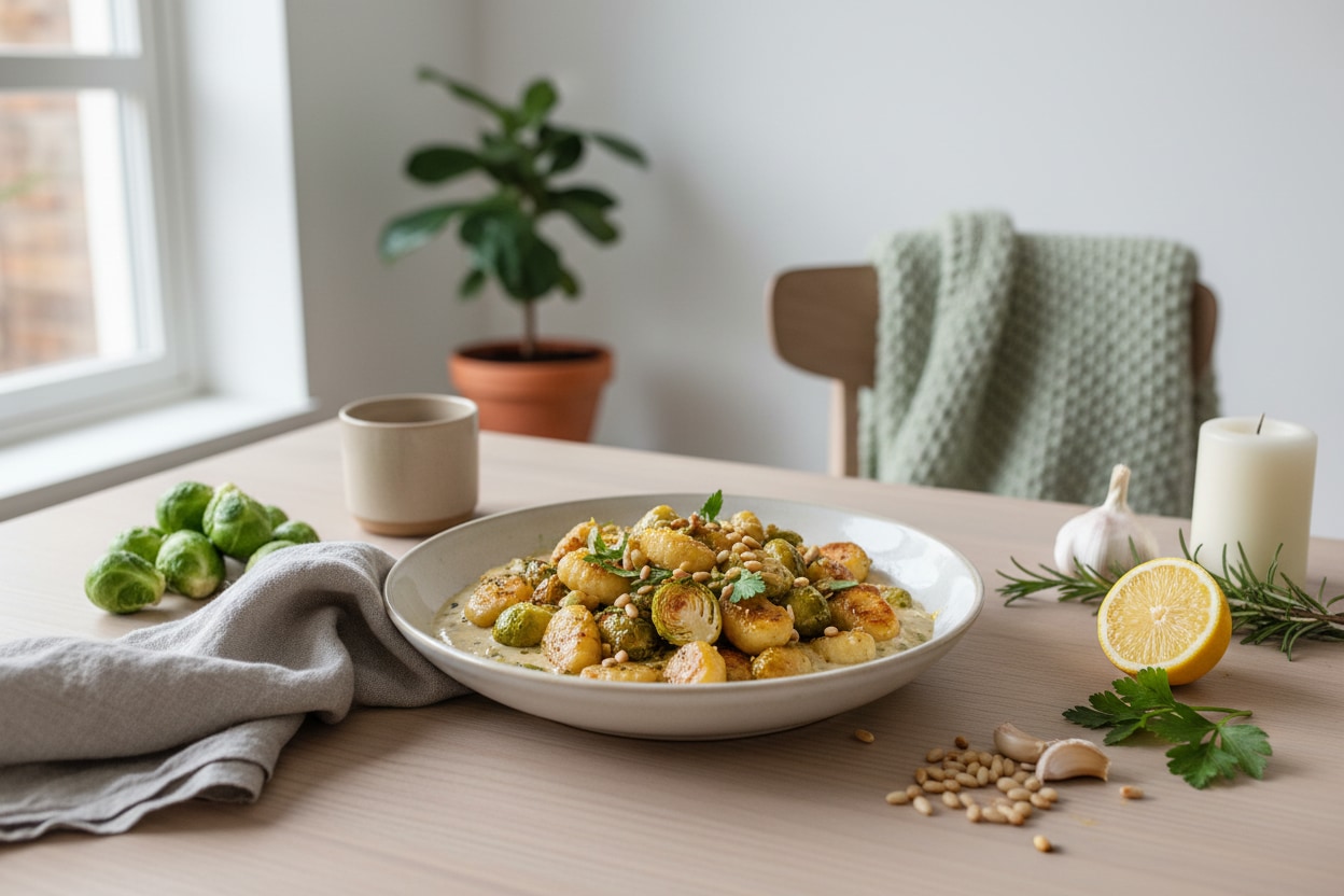 Vegane Gnocchi mit Rosenkohl & Pinienkernen
