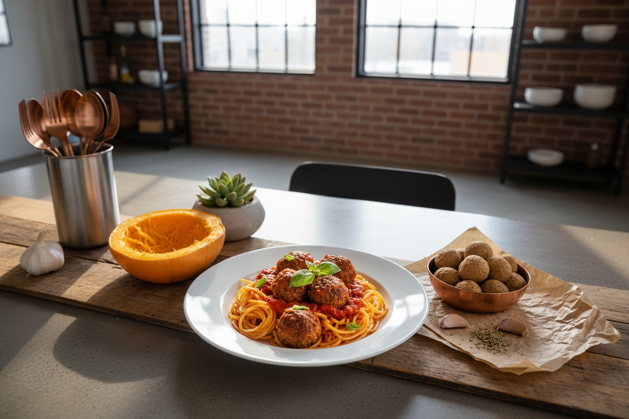 Vegane Spaghetti-Kürbis mit Soja-Bällchen